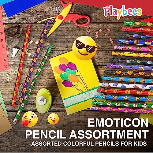 Playbees Emoticon No 2 Pencils for Kids - 72 Pack Bulk Kids Pencils #2 with Erasers - Assorted Smiley Birthday Party Favors, Classroom Prizes, Goody Bag Stuffers, Teacher's Educational Supplies - style: 72 Pack