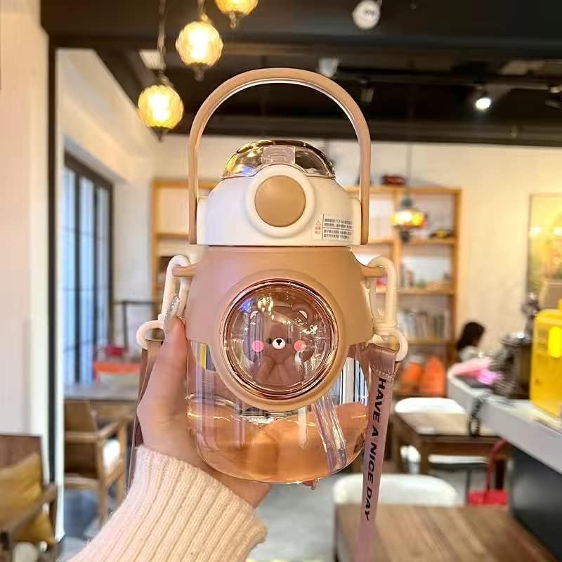 LEJN 28 oz Water Bottle Kawaii with Adjustable Shoulder Strap for Summer Cold Water Chill Portable Leakproof BPA-free Cartoon Children Cup Traveling Hiking Camping (Brown820ml) - color: Brown820ml