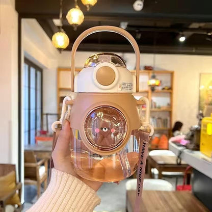 LEJN 28 oz Water Bottle Kawaii with Adjustable Shoulder Strap for Summer Cold Water Chill Portable Leakproof BPA-free Cartoon Children Cup Traveling Hiking Camping (Brown820ml) - color: Brown820ml
