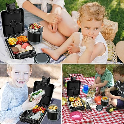Bento Lunch Box Set for Kids with 10oz Soup Thermo, Leak-Proof Lunch Containers with 4 Compartment, Kids Thermo Hot Food Jar and Insulated Lunch Bag for Kid to School,BPA-Free(Black) - color: Black