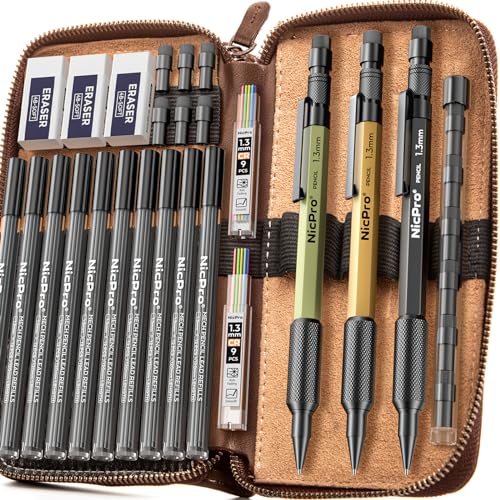 Nicpro 21PCS 1.3 mm Mechanical Pencil Set in Leather Bag with 138 Lead Refill Black & Colors, Erasers- Weatherproof Metal Heavy Duty Carpenter Pencil for Outdoor Drafting Marking Drawing Woodworking - color: Multicolor
