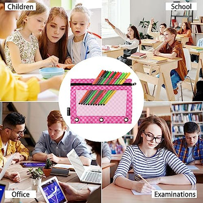 Pink Checkered Pencil Pouch for 3 Ring Binder 2 Pack Binder Pencil Pouches Zippered Clear Pencil Case Cosmetic Bag for Home Office College Supplies - color: 23-pink