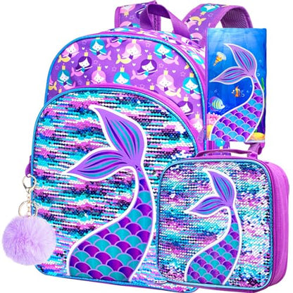 gxtvo 3PCS Girls Backpack, 16" Sequin Prechool Elementary Bookbag and Lunch Box - color: Fish Tail Purple