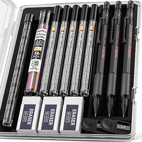 Nicpro 3 Pack 2mm Mechanical Pencils Set with Case, 33 Graphite Lead Refills (4B 2B HB 2H 4H), 36 Colored Lead, Erasers -Weatherproof Metal Barrel, Heavy Duty Carpenter Pencil For Drawing Sketching - size: 3 Pack