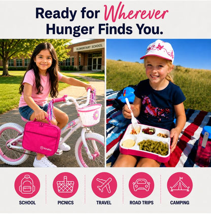 kinsho Lunch Box with Insulated Bag and Ice Pack for Girls Kids Teens, Bento Set, 6 Compartment Leak Proof Food or Snack Container, BPA Free, Microwave Safe, Ideal for School Travel, Pink - color: Pink