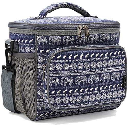 FlowFly Insulated Reusable Lunch Bag Adult Large Lunch Box for Women and Men with Adjustable Shoulder Strap,Front Zipper Pocket and Dual Large Mesh Side Pockets,Elephant - color: Elephant