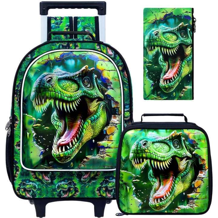 3Pcs Dinosaur Rolling Backpack for Boys, 18" Kids School Backpacks with Wheels, Roller Bookbag with Lunch Box for Preschool Toddler Elementary(Green)