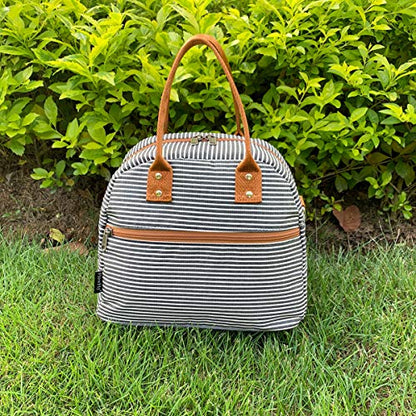 FlowFly Insulated Lunch Bag With Shoulder Strap for Women, Men, and Kids, Large and Reusable, Handle, Freezable Work and School Travel Tote and Meal Prep Organizer,White and Black Stripes - color: White and Black Stripes