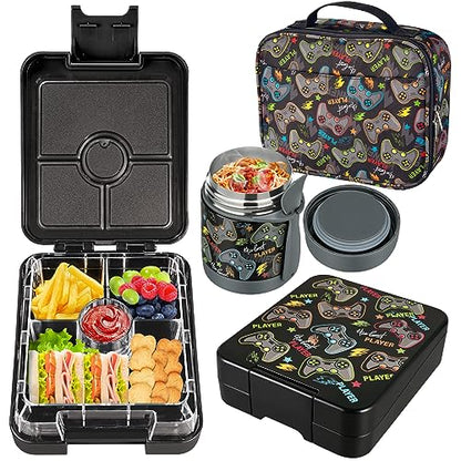 Bento Lunch Box Set for Kids with 10oz Soup Thermo, Leak-Proof Lunch Containers with 4 Compartment, Kids Thermo Hot Food Jar and Insulated Lunch Bag for Kid to School,BPA-Free(Black-Game Console) - color: Black-Game Console