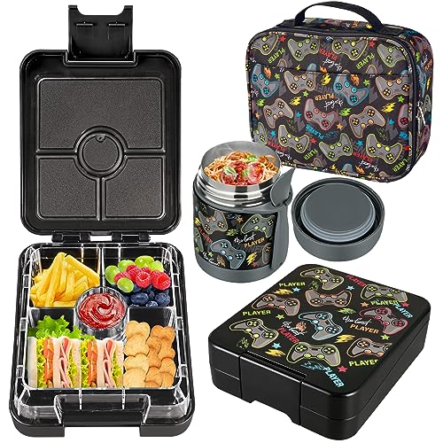 Bento Lunch Box Set for Kids with 10oz Soup Thermo, Leak-Proof Lunch Containers with 4 Compartment, Kids Thermo Hot Food Jar and Insulated Lunch Bag for Kid to School,BPA-Free(Black-Game Console) - color: Black-Game Console