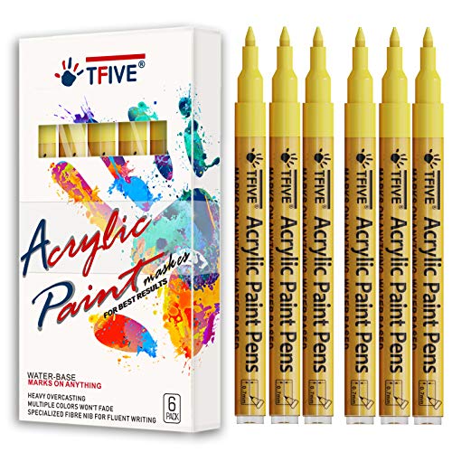 TFIVE Yellow Marker Paint Pens - 6 Pack Acrylic Permanent Marker, 0.7mm Extra Fine Tip Waterproof Yellow Paint Markers for Art Project, Rock, Ceramic, Glass, Wood, Plastic, Metal, Canvas, DIY Craft - color: Yellow
