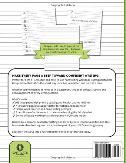 ABC Handwriting Paper for Kids: ABC Tracing Workbook with Dashed Midlines: 170+ Practice Pages for Ages 4–6 | Primary Ruled Writing Notebook for Preschool & Kindergarten