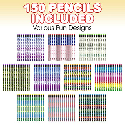 ArtCreativity 150 PC Pencil Assortment for Kids, Fun Assorted Number 2 Pencils, Bulk Wooden Writing Pencils with Erasers, Teacher Supplies for Classroom, Student Reward, Stationery Party Favors