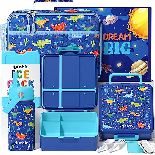Fimibuke Kids Bento Lunch Box with 4 Compartments, Insulated lunch Bag, Stainless Steel Insulated Water Bottle, Ice Pack & Utensils Set, Birthday Gifts for Ages 3-12 Back to School Toddler Girls Boys - color: A3. Blue Dinosaur