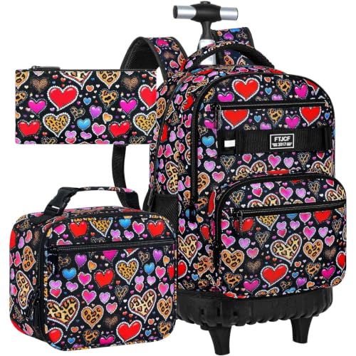 3Pcs Rolling Backpack for Girls, 19 Inche Women Roller Bag with Wheels for Adults, Wheeled Bookbag with Lunch Box(Brown) - color: Leopard Heart