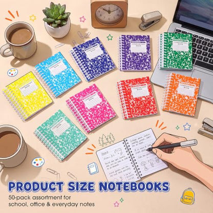 Fainne 50 Pack Mini Spiral Composition Notebooks Bulk 3.4 x 4.5 Inch Pocket Memo Pads Multicolor Marble Small Spiral Pads 80 Pages Journal Notebook for School Classroom Students College Gifts