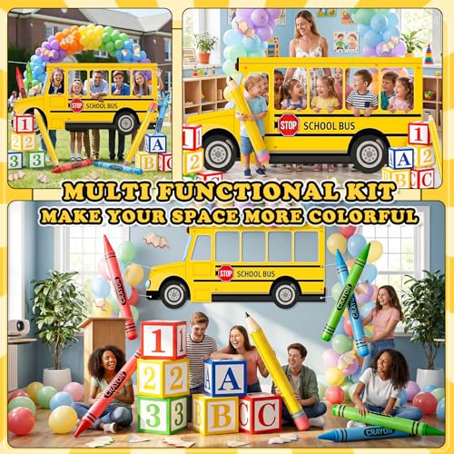 19 Pcs Back to School Decorations Set, School Bus Backdrop, Giant Inflatable Jumbo Crayons & Pencil Balloons, ABC 123 Letter Boxes for First Day of School Kindergarten Preschool Classroom Decor