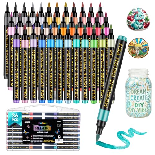 36 Colors Metallic Acrylic Paint Markers, Waterproof Brush Tip Pens | Water-Based | Rock Painting, Glass, Wood, Fabric, Canvas & DIY Crafts - size: 36 Colors