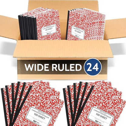 24 Pack - EPI Wide Ruled Marble Composition Notebook - Red 200 Page Note Book - 9.75 x 7.5 Inch Hardcover Journal with Sewn Binding for Secure Pages - Classroom Back to School Supplies - color: Red, size: 24