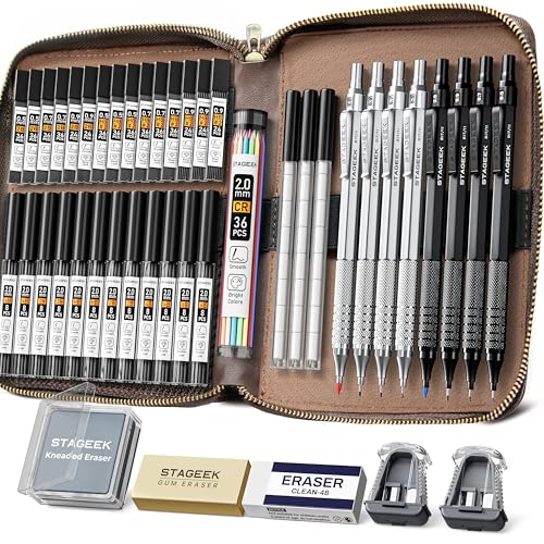 STAGEEK 45PCS Black & Silver Metal Mechanical Pencil Set in Leather Case, 0.5, 0.7, 0.9, 2.0mm Drafting Pencils with 28 Tubes(6B 4B 2B HB 2H 4H & Colors)Lead Refills for Art Drawing, Sketching,Writing - color: Black & Silver, style: 0.5 0.7 0.9 2.0