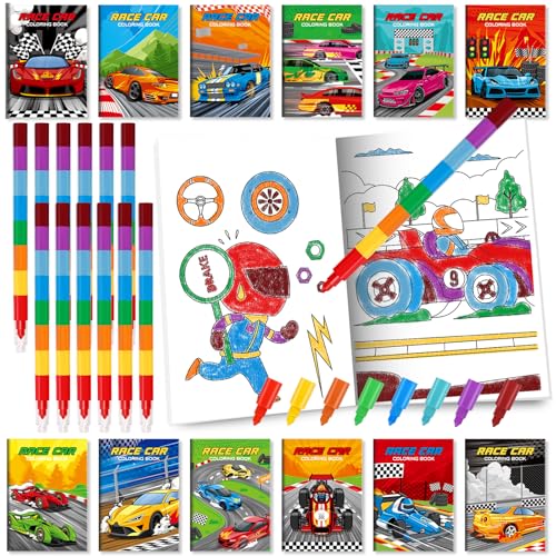 BenLouis 24 Race Car Mini Coloring Books Kids with 24 Stacking Crayons Racing Theme Party Favors Activity Books Bulk for Kids Fast Racecar Wheel Birthday Goodie Bag Gift Stuffer Classroom Reward - style: Racecar