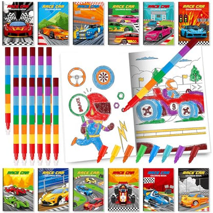 BenLouis 24 Race Car Mini Coloring Books Kids with 24 Stacking Crayons Racing Theme Party Favors Activity Books Bulk for Kids Fast Racecar Wheel Birthday Goodie Bag Gift Stuffer Classroom Reward - style: Racecar