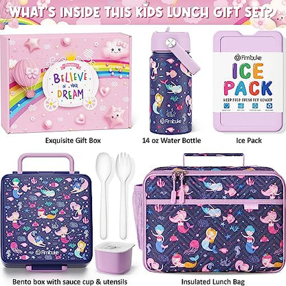 Fimibuke Kids Bento Lunch Box with 4 Compartments, Insulated lunch Bag, Stainless Steel Insulated Water Bottle, Ice Pack & Utensils Set, Birthday Gifts for Ages 3-12 Back to School Toddler Girls Boys - color: A2. Mermaid