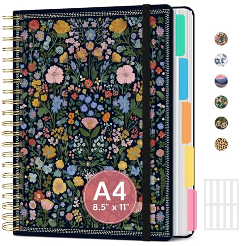 Large Lined Spiral Journal for Women Cute Hardcover 5 Subject Notebook for Work 8.5" x 11" with Removable Dividers & Tabs, College Ruled, 280 Pages Aesthetic Journal for Work, School & Note Taking, Garden of Whimsy - color: A - Garden of Whimsy