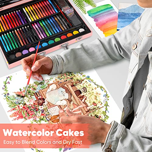 Soucolor 183 Art Set Drawing Painting Kit,Crayons Pastels Markers,Kids Gift | Crayons, Pastels, Markers, Pencils, Watercolors, Sketch Paper — Wooden Case, Non-Toxic, Birthday Gift. - style: Pink