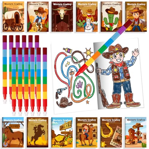 BenLouis 24 Western Cowboy Mini Coloring Books Kids With 24 Stacking Crayons Wild West Party Favors Activity Books Bulk for Kids Yee Haw Rodeo Goodie Bag Gift Stuffer Classroom Reward - style: Western Cowboy