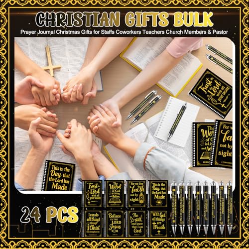 24 Sets Christian Notepads Bible Pens Sets Bulk - Classroom Office Church Religious Gifts - Spiral Thickened Bible Verse Notepad Pens for School Teacher Coworker (Gold Foiling Black) - style: Gold Foiling Black