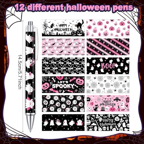 Cholemy 48 Pcs Halloween Pens Bulk Halloween Party Ballpoint Pens Retractable Novelty Boo Pink Pumpkin Ghost Skeleton Spider Gel Ink for Office Party Supplies - style: Pink Pumpkin