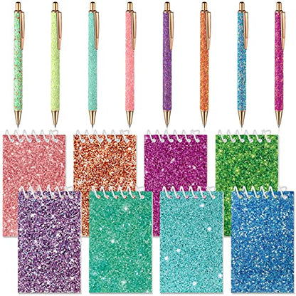 Sherr 16 Pcs Glitter Pens and Notebooks Set Mini Spiral Notepads Fancy Pens for Kids Girls Women Sparkly Sequins Journaling Ballpoint Christmas Birthday Gift Classroom Rewards(Classic Color) - color: Multi Color