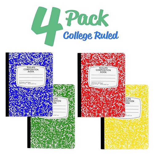 Composition Notebook College Ruled Composition Notebooks Bulk Marble Hard Cover Wide Ruled Notebook Paper Note Books For Schools Marble Composition Books 100 Sheets 200 Pages 9.75” x 7.25” (4 Pack, Multi Color) - size: 4 Pack