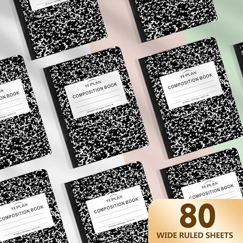 Yeplan Composition Notebooks 5 pack, Wide Ruled Notebook Paper, 9 3/4" x 7 1/2", 80 Sheets/160 Pages, Aesthetic Marble Composition Notebook for School & Office Supplies (5, Black) - color: 5 Black