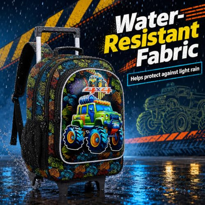 AGSDON 3PCS Rolling Backpack for Girls and Boys, Kids Roller Wheels Bookbag, Wheeled Elementary School Bag with Lunch Bag - color: Truck Roll