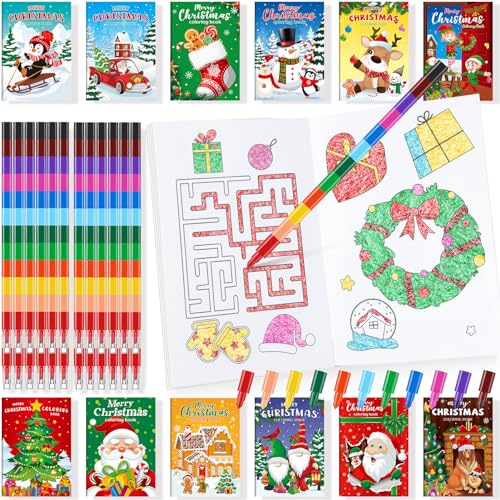 BenLouis 24 Christmas Mini Coloring Books Kids with 24 Stacking Crayons Xmas Theme Party Favors Activity Books Bulk for Kids Holiday Birthday Goodie Bag Gift Stuffer Classroom Reward - style: Christmas