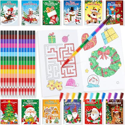 BenLouis 24 Christmas Mini Coloring Books Kids with 24 Stacking Crayons Xmas Theme Party Favors Activity Books Bulk for Kids Holiday Birthday Goodie Bag Gift Stuffer Classroom Reward - style: Christmas