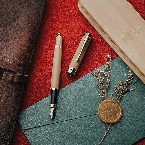 Wordsworth & Black Fountain Pen Set, Luxury Bamboo Wood - Medium Nib, Gift Case; Includes 6 Ink Cartridges, Ink Refill Converter -Journaling, Calligraphy; Drawing, Smooth Writing [Maple Wood] | Maple Wood, Gift for Men Women, German Iridium 18K Gilded, Ca