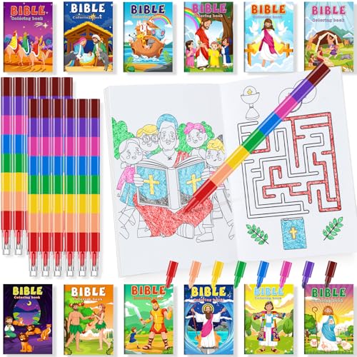 BenLouis 24 Christian Mini Coloring Books Kids with 24 Stacking Crayons Bible Verse Party Favors Activity Books Bulk for Kids Christmas Religious Goodie Bag Gift Stuffer Classroom Reward - style: Christian