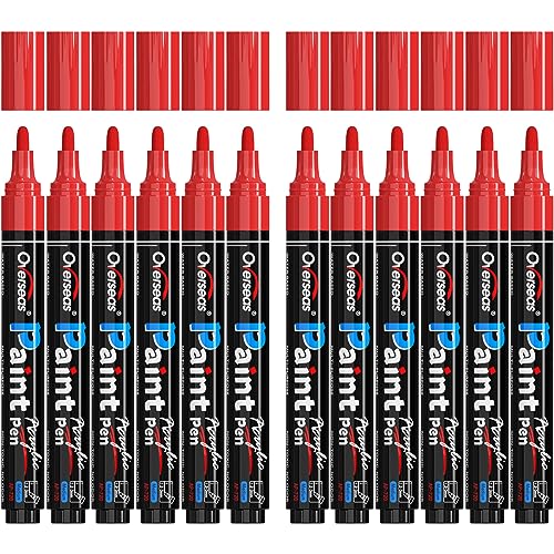Overseas Red Paint Pens Paint Markers - Permanent Acrylic Markers 12 Pack, Water-Based, Quick Dry, Waterproof Marker Pen for Rock, Wood, Plastic, Metal, Canvas, Glass, Fabric, Mugs. Medium Tip - color: Red