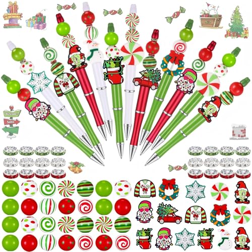 Geyee 12 Set Bead Pens Assorted Bead Pens Wood Crystal Round Spacer Set Black Ink DIY Ballpoint for Women Men Gift Office Supplies (Multicolor,Christmas) - color: Multicolor, style: Christmas