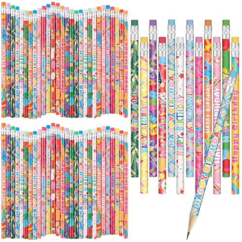 Kosiz 200 Pcs Bulk Happy Birthday Pencils for Students Back to School Wooden Pencils Bulk with Colorful Top Erasers 12 Assort Style Writing Pencil for Teacher Classroom Reward Kids Party Supply