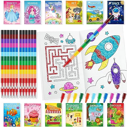 BenLouis Coloring Books for Kids With Stacking Crayons Set Mini Coloring Books Bulk for Ages 4-8-12 Small Activity Books for Birthday Party Gifts Goodie Bags Stuffers Travel（24+24Pcs Classic） - style: Classic