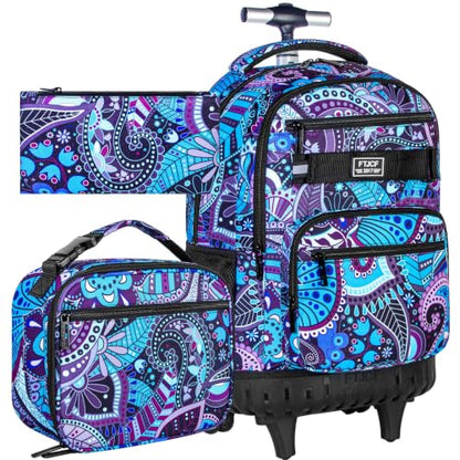 AGSDON Rolling Backpack for Girls, Women Roller Wheels Bookbag, Laptop Flower Wheeled School Bag with Wheels for Teens - color: Purple