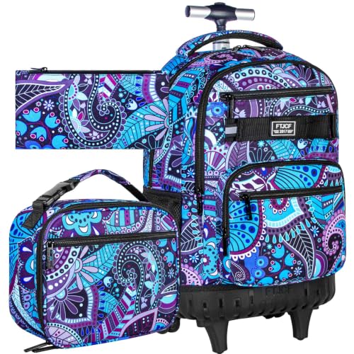 AGSDON Rolling Backpack for Girls, Women Roller Wheels Bookbag, Laptop Flower Wheeled School Bag with Wheels for Teens - color: Purple