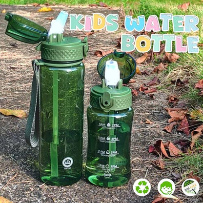 OLDLEY 12oz Kids Water Bottle, Tritan BPA-Free, Leakproof Flip Straw Lid, Motivational Time Marker, Carry Strap, Reusable Clear Water Bottle for Boys & Girls,Jade - color: Jade, style: 12 Ounces