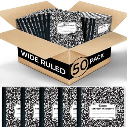 Rosmonde 50 Pack Composition Notebooks Bulk, Wide Ruled Composition Notebook, 200 Pages (100 Sheets), 9-3/4 x 7-1/2, Black Marble, Bulk School Supplies, Office Notebooks, Bulk Notebooks for School - size: 50 Pack | Bulk Value, style: Wide Ruled - Black Ma