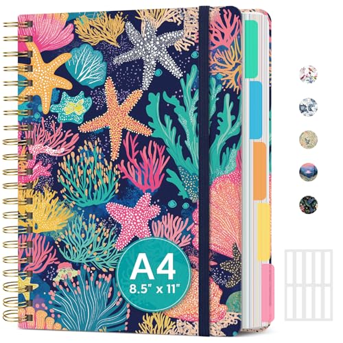 Large Lined Spiral Journal for Women Cute Hardcover 5 Subject Notebook for Work 8.5" x 11" with Removable Dividers & Tabs, College Ruled, 280 Pages Aesthetic Journal for Work, School & Note Taking, Coral Reef - color: N - Coral Reef