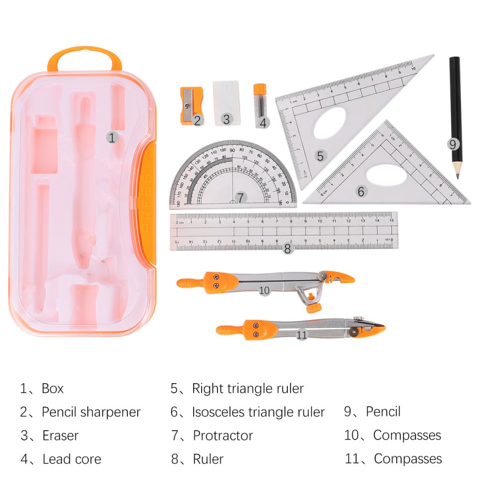 Uonlytech 1sets Student Geometry Math Set Metal Compass and Ruler Kit Eraser Sharpener and Storage Case for Drafting and Drawing for School and Office Use Random Color